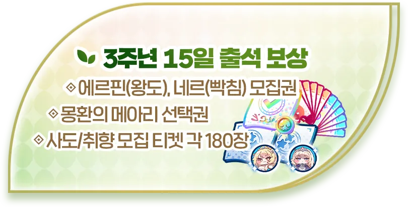 3주년 15일 출석 보상: 에르핀(왕도), 네르(빡침) 모집권, 몽환의 메아리 선택권, 사도/취향 모집 티켓 각 180장